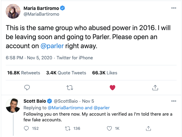 Maria Bartiromo Leaves Twitter for Parler Tweet